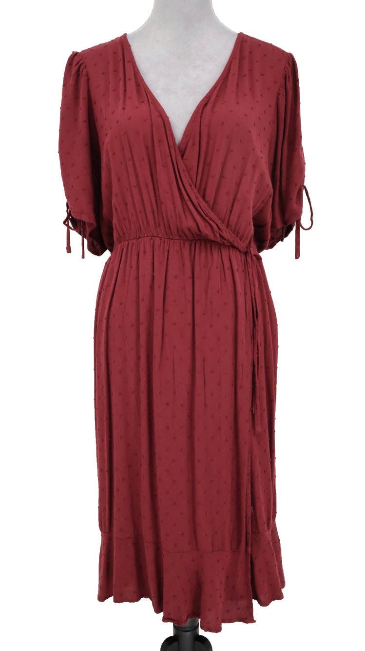 Torrid Dress 3 Plus Size 3X Burgundy Swiss Dot Midi Tie Slvs Faux Wrap Pockets